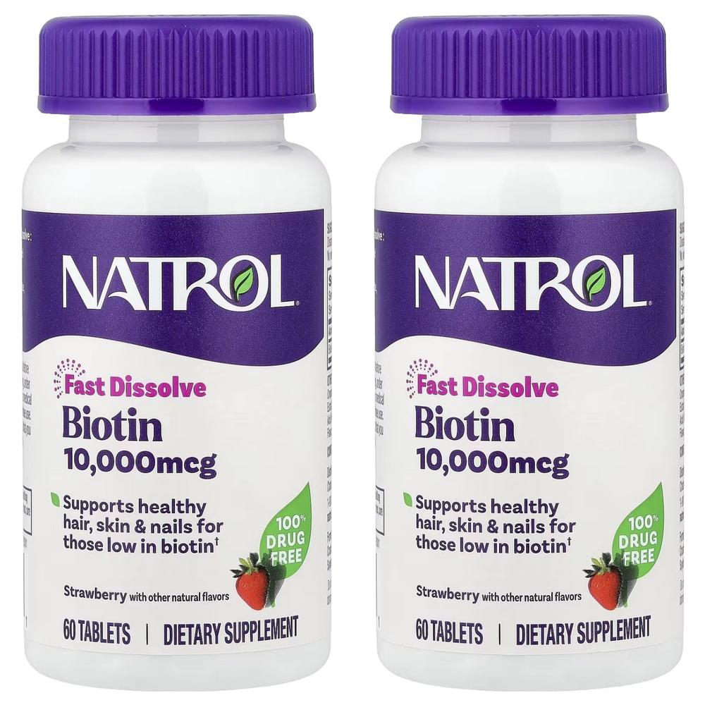 Natrol Biotin 10,000mcg Strawberry Tablets 60 Tablets 2 Pcs