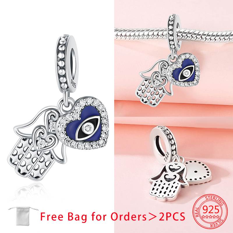 Charm Bead Components Shiny Zircon Blue Devil's Eye and Fatisha's Hand Bead Components Copper Metal Pendant Bead Component Compatible With Do It