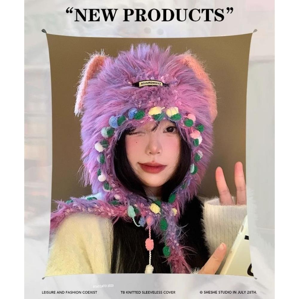 Funny Little Monster Hat Winter Cute Dopamine Plush Knitted Hat Thickened Warm Ear Protector Plush Hat