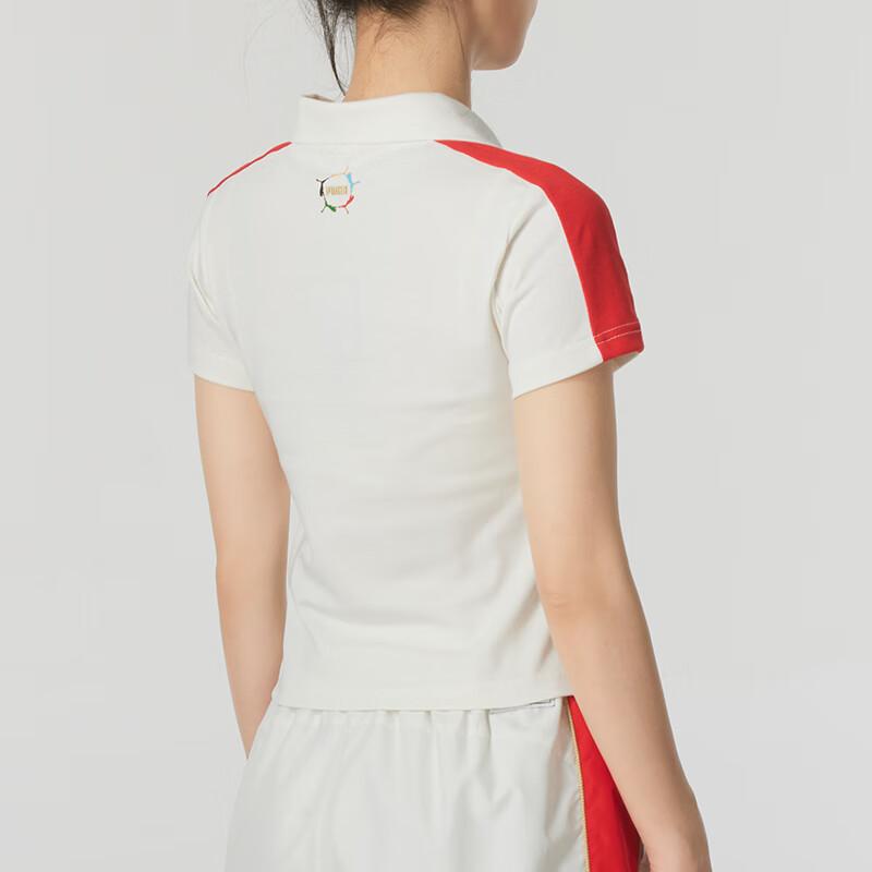 Puma Polo Shirt With Embroidered Brand Logo Color Block Striped Letter Print Pattern Women Tops White 629235-65