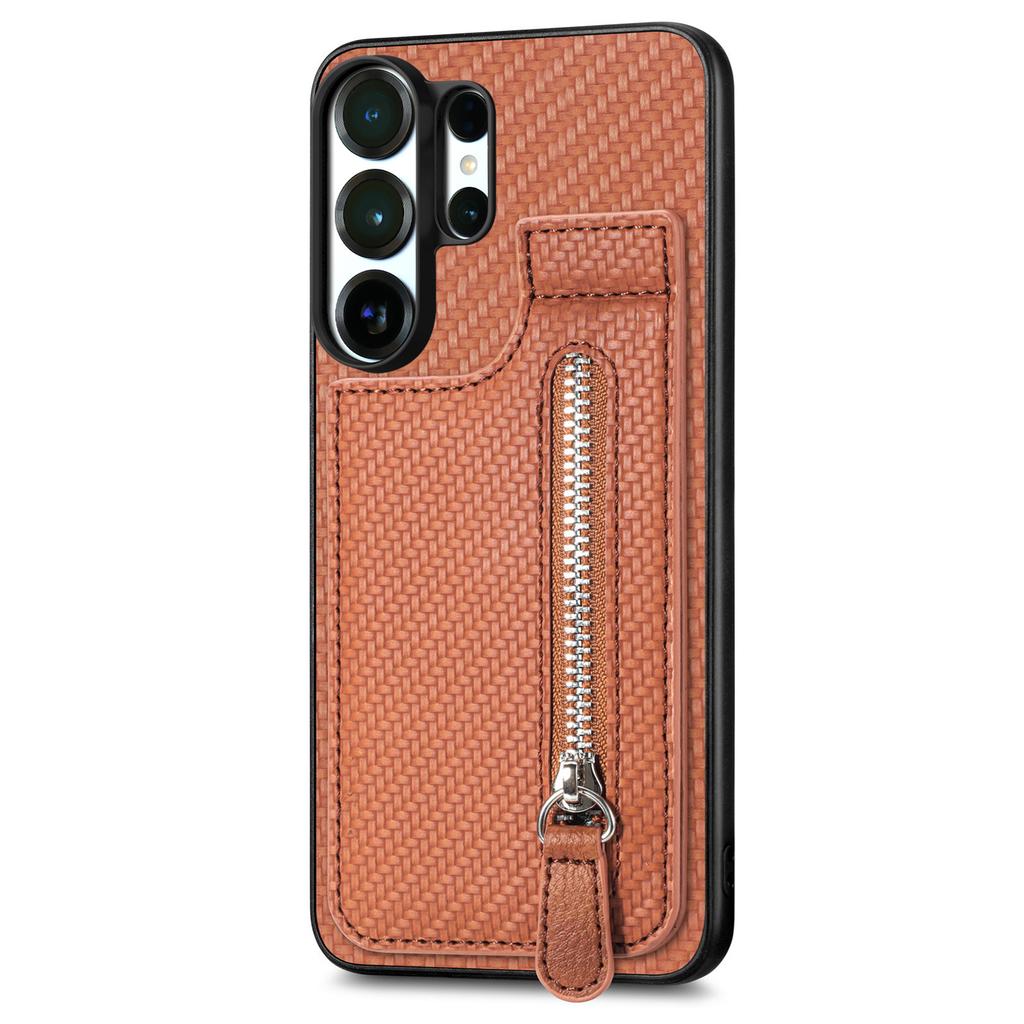 Zipper Magnetic Carbon Fibrer Cards Solt Wallet Phone Case For Samsung S25 Ultra S24 Plus S23 A17 A07 Kickstand Flip Cover