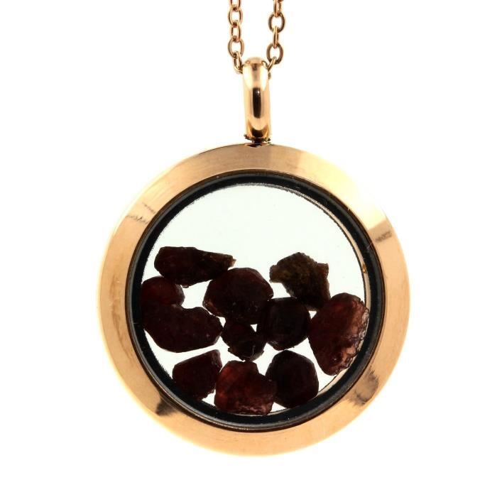 Collier - ABIJOUX - Médaillon 20 mm - Or rose - Pendentif en Grenat brut - Mixte