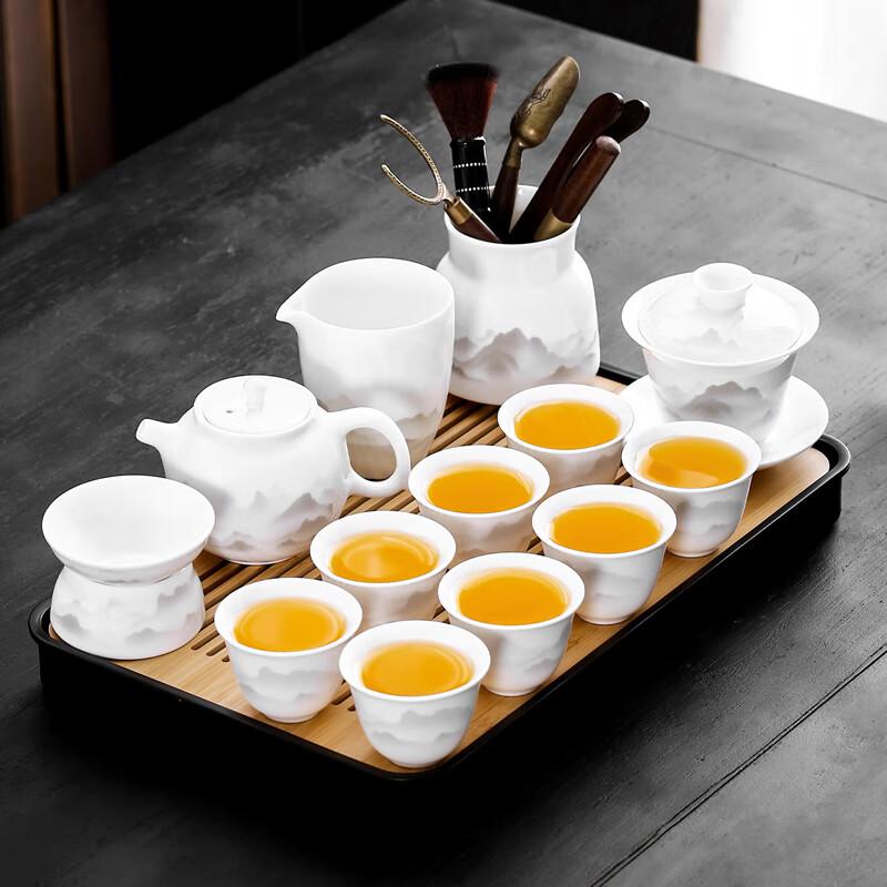 Lenuo Mutton-fat Jade Porcelain Ink Wash Landscape 13-Piece Tea Set with Tray