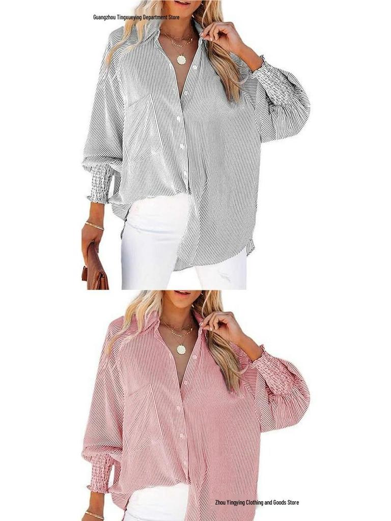 Striped Long-Sleeve Loose Casual Women's Pocket Shirt