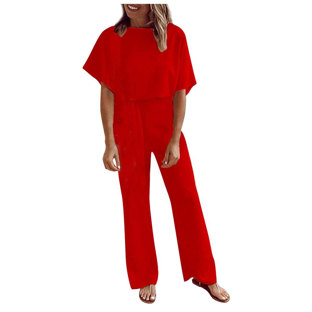Women Fashion Leisure Solid Color Lace-Up Short Sleeves Female Jumpsuit