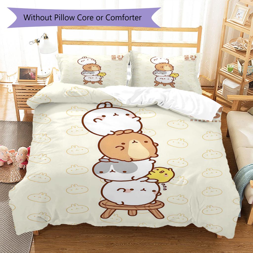 Molang poster Bedding Quilt Set Quilt Cover Pillowcase Home Decoration Birthday Gift (1 * duvet cover + 2 * pillowcase, without core)