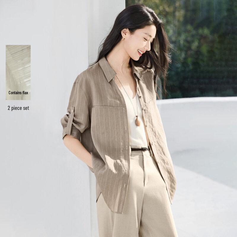 IHIMI Women s Relaxed Fit Linen Blend Shirt & Pants Set S