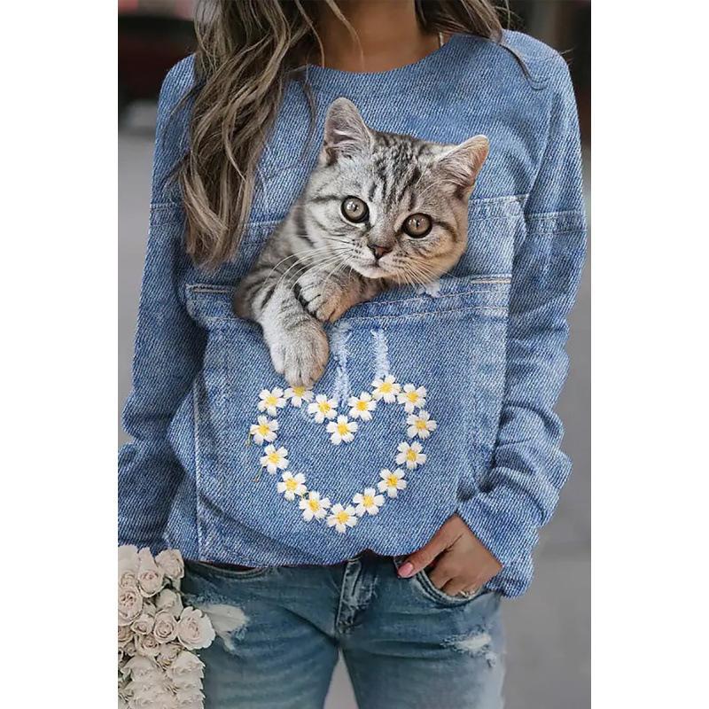 Höst 3D Katt Tryckta Sweatshirts Trendiga Casual Sport Långärmade Dam Sweatshirts