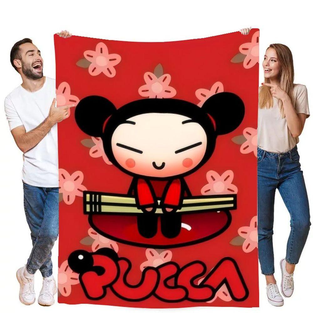 Cute Pucca Character Plush Blanket - Cozy Cartoon Style Throw Blanket with Whimsical Red Background and Pink Flower Accents, Ide