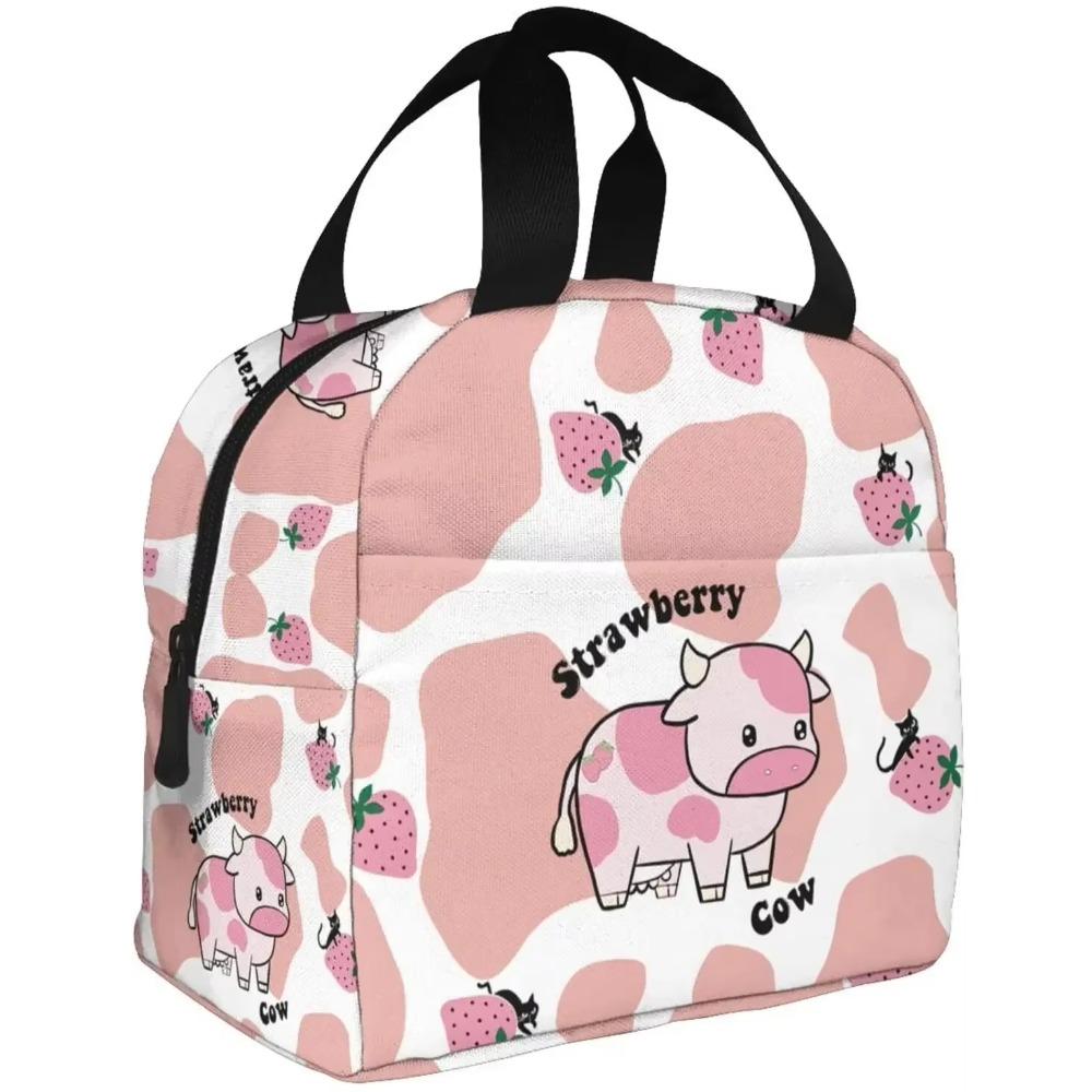 Pink Cartoon Cow Print Women Insulated Lunch Bag Milk Reusable Water-Resistant Cooler Lunch Tote Box Portable Bag