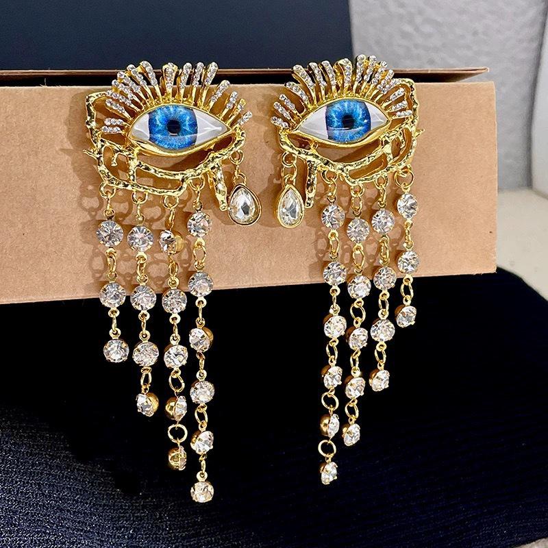 Blue Demon Eye Rhinestone Tassel Earrings - Vintage Court Style for Women