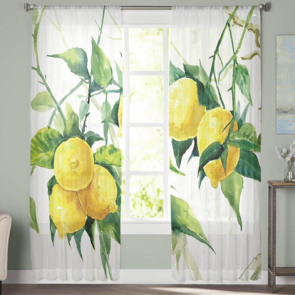 Lemon Watercolor Leaves Sheer Curtains Window Tulle Curtains For Living Room Bedroom For Kitchen Veiling Curtains Decoration