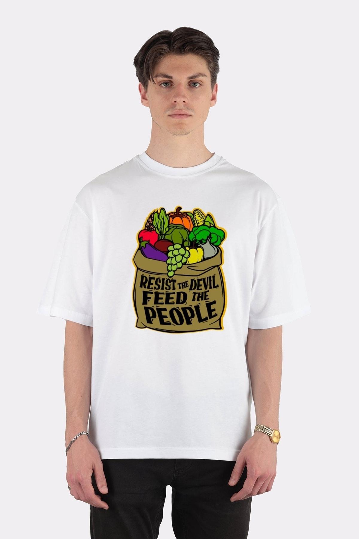 

Unisex Beyaz Oversize T-shirt Resist The Devil! Feed The People