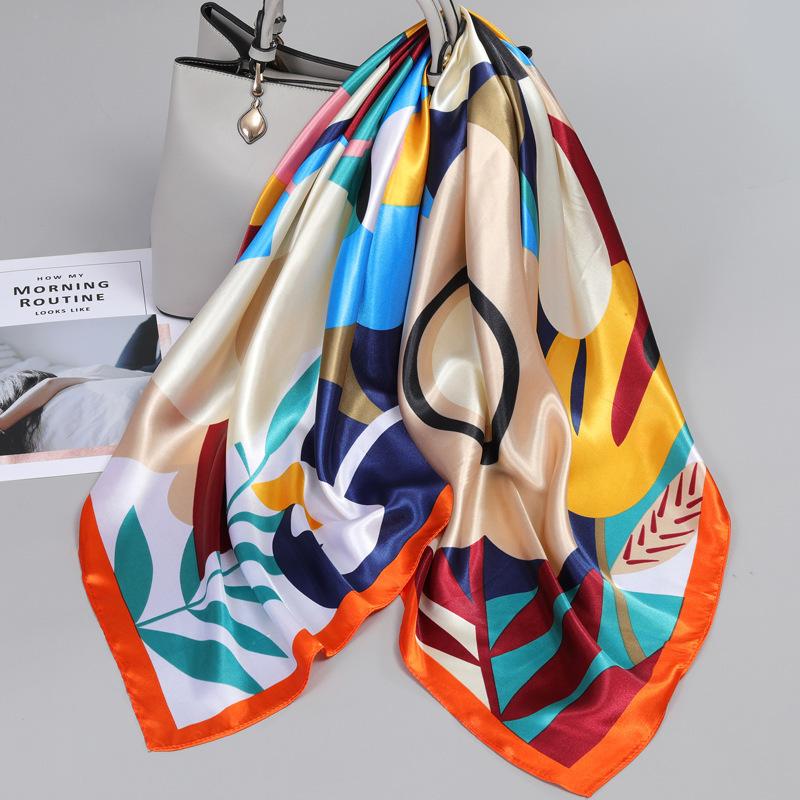 90*90Cm Women Elegant Floral Printed Square Imitation Silk Scarf Hijab Women Luxury Sunscreen And Dustproof Kerchief Head Scarf