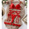Womens Sexy Lingerie Set With Metal Chain Push Up Bra 3-Piece Intimate Apparel Black White Red S M L