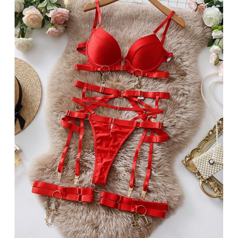 Womens Sexy Lingerie Set With Metal Chain Push Up Bra 3-Piece Intimate Apparel Black White Red S M L