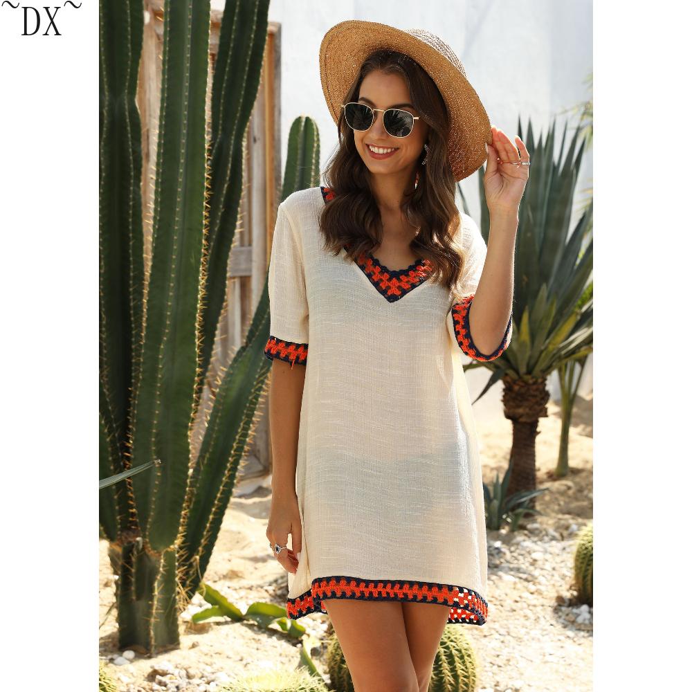 DX~Women's Sexy Hollow Out V-neck Short Sleeved Contrasting Hand Hook Patchwork Loose Beach Sun Protection Cover