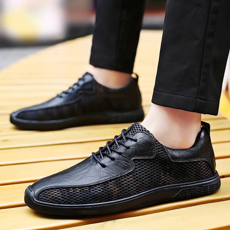 2024 Summer Men's Sandals Genuine Leather Hollowed Out Soft Bottom Breathable Casual Shoes Lightweight Comfy Flat Designer Shoes