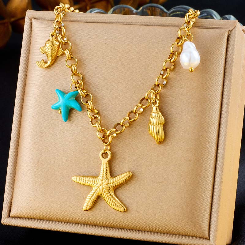 Ocean Style Starfish Shell Pendant Handmade Necklace for Women Summer Vacation Stainless Steel Jewelry Waterproof
