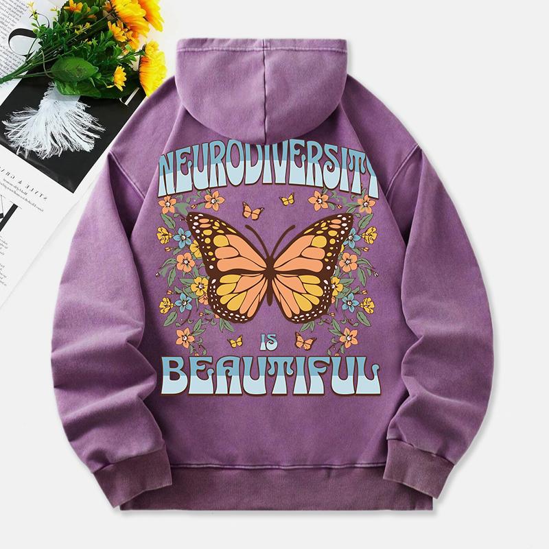 Neurodiversity Is Beautiful Washed Hoodies Women Butterfly Print Cotton Tops Pocket Oversize Warm Clothes