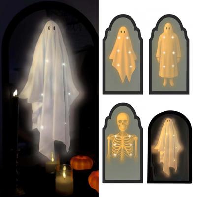 Halloween Ghost Mirror Spooky Hologram Ghost Skeleton Mirror with LED Light for Halloween Home Bedroom Decor