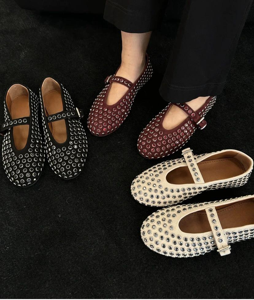 Migua Suede Crystal Mary Jane Flats with Rivets