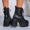 Fashion Fashion Buckle Cunky Platform Ankle Boots Women Lace Up Super High Heel Punk Boots Woman Pu Leather Thick Heels Motorcycle Botas