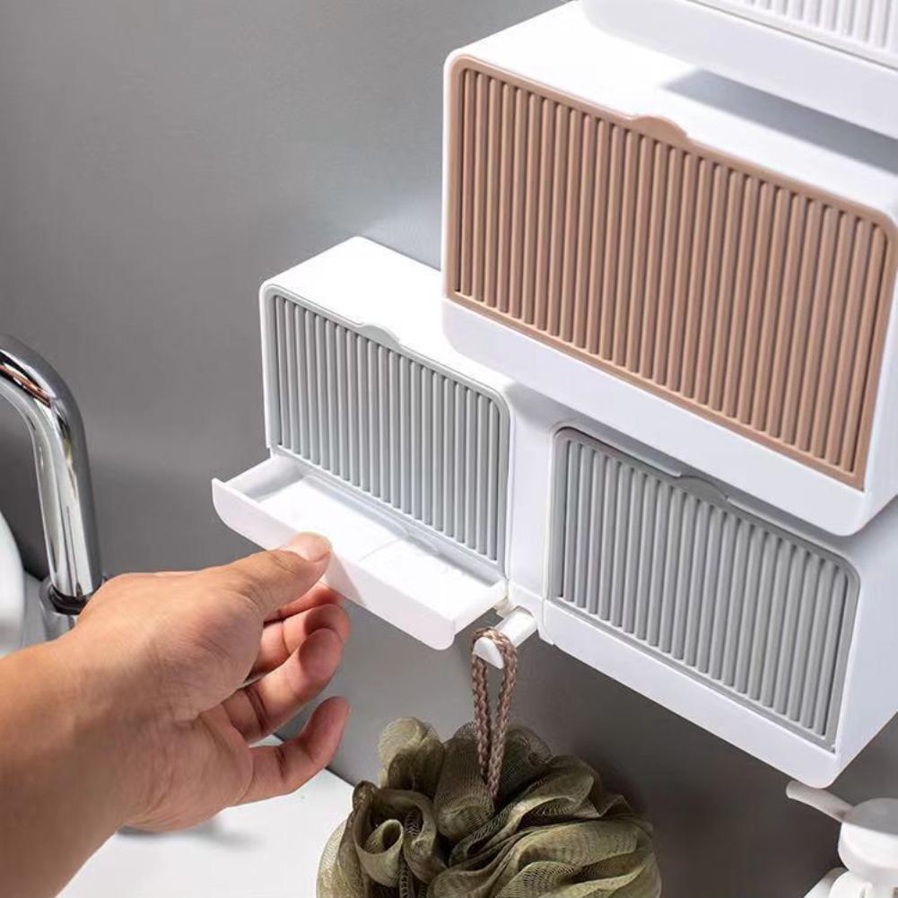 Kreativ Väggmonterad Stansfri Tvålkopp Med Lock Avrinningsbricka Dubbla Fack Väggmonterad Tvålhållare Tvålfat För Badrum Dispenser