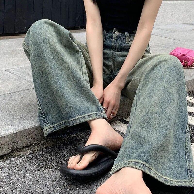 2000s Vintage Lengthen Straight Jeans Women Chic Korean High Waist Washed Denim Pants Female Elegant Streetwear Loose Wide Leg Trousers