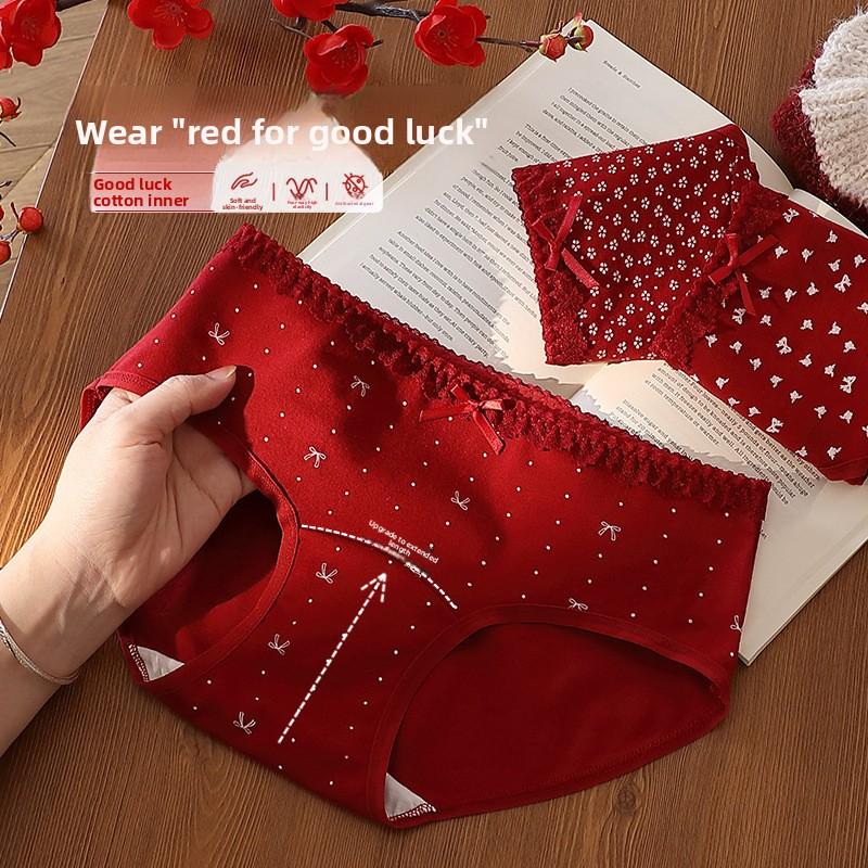 Women's Spring and Summer Print Benming Year Red 10A Bacteriostatic Extended Middle Waist Triangle Briefs
