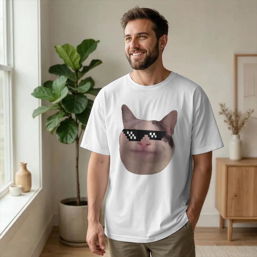 Men's T-Shirt Smiling Beluga Cat Meme Funny Pure Cotton Tees Short Sleeve Funny Kitten T Shirts
