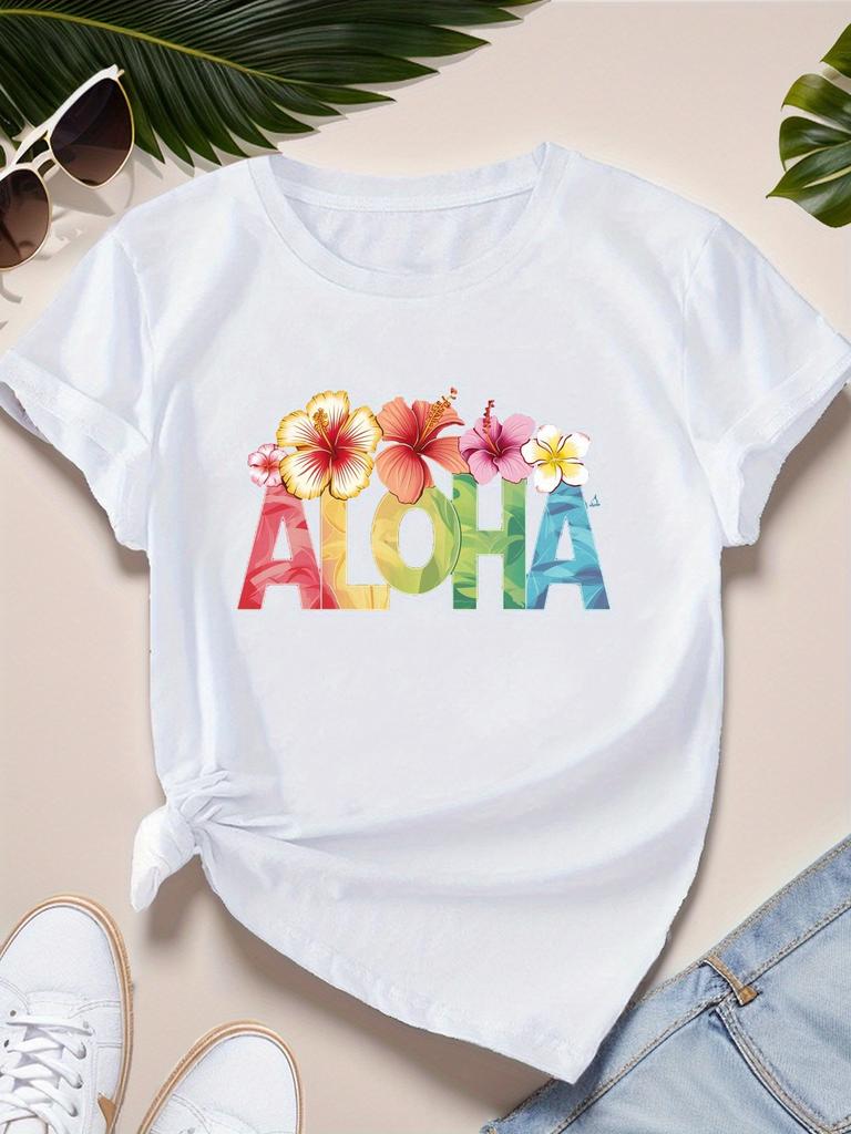 ALOHA with Tropical Flowers Women's Sports Short Sleeve T-Shirt Summer Short Sleeved Harajuku Streetwear Tops Aesthetic Clothes