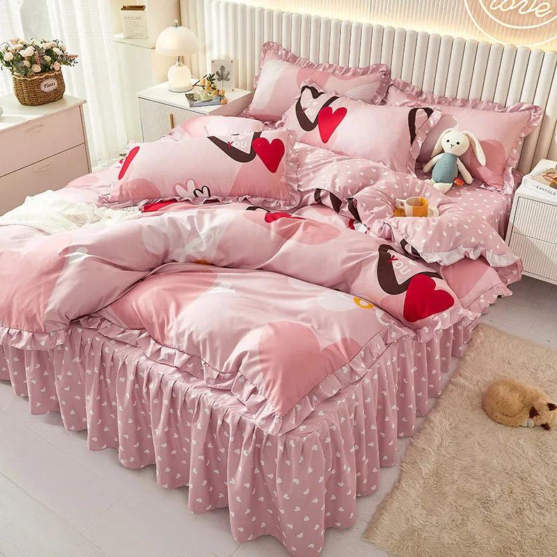 4pcs/set Girls Bed Skirts Comfortable Brushed Sheets Quilt Covers Bedding Sets Ins  Four Seasons Universal Four Piece Sets High Quality Home Textiles