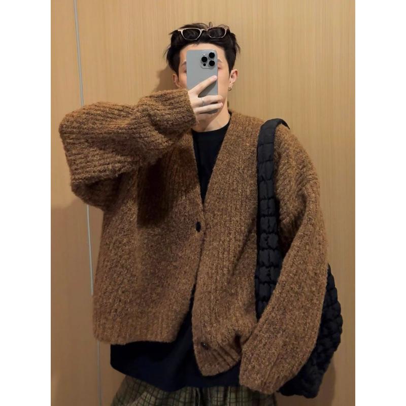 Men's High-End Wide Heavyweight Knit Cardigan - American Style, Casual Spring/Autumn Sweater