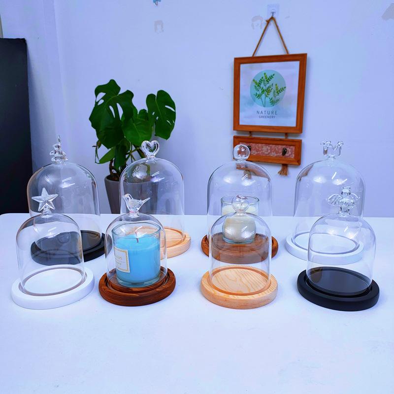 Aromatherapie Kerzenhalter Ornamente Staubdichte Glasabdeckung Holzsockel Aromatherapie Kerzenabdeckung Displaybox Heimdekoration