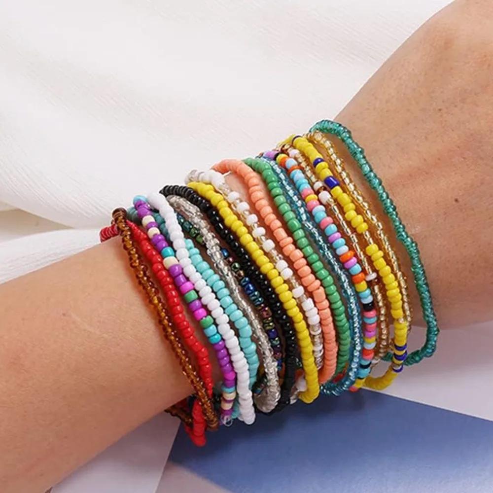 17pcs Set Bohemia Colorful String Beads Elastic Bracelet for Women Summer Beach Vacation Fold Wear Jewellery Sets Accessory Gift