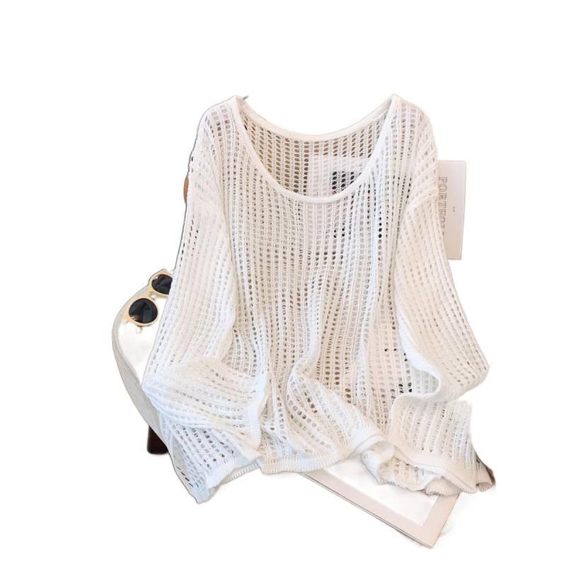 Summer Women’s Loose Knit Wool Sweater - Lightweight Sunscreen Blouse with Round Neck & Long Sleeves