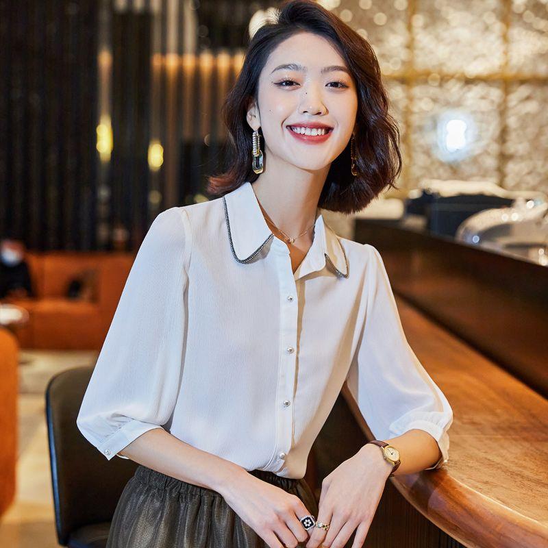 

Повседневный весенне-летний сатиновый топ-рубашка с укороченными рукавами White Shirt L