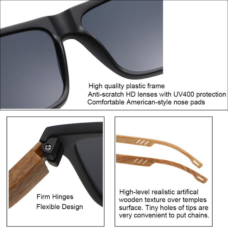 New Square Casual Sunglasses Wood Grain Spring Hinges UV400 Protection Unisex Outdoor Daily Eyewear