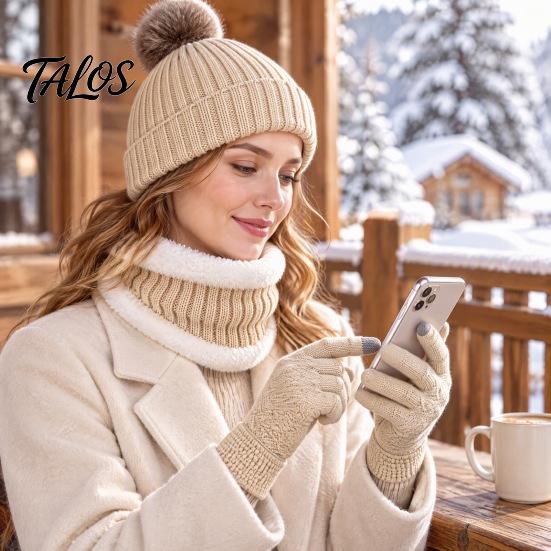 Stylish Winter Outfit Accessories Hat Neck Warmer Gloves Set, Knitted Beanies with Pompom, Touch Thermal Fleece Lined Screen Gloves, Knit for