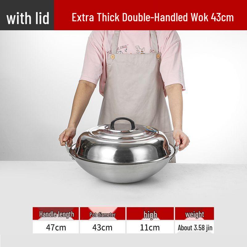Extra Thick Stainless Steel Double Ear Wok - Large Round Bottom Pot for Commercial Kitchens, Gas Stove Compatible