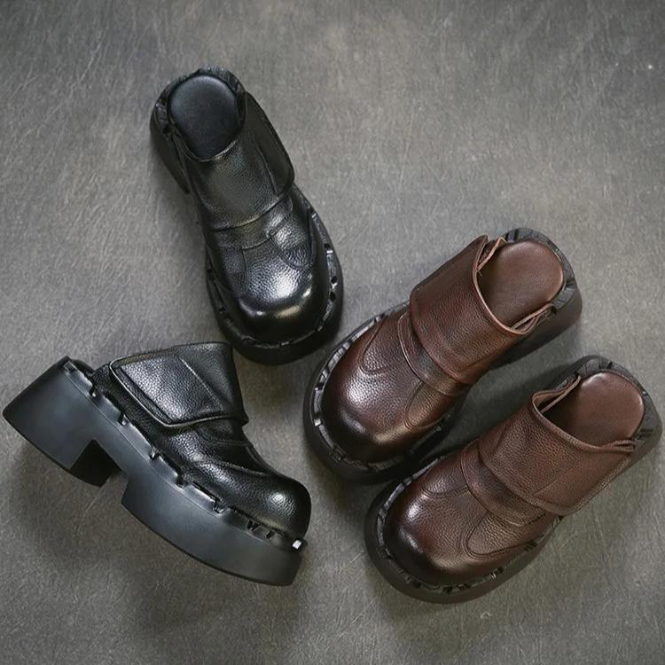 Johnature Retro Genuine Leather Outdoor Slippers Thick Heel Comfortable Slip-on Women's Platform Shoes