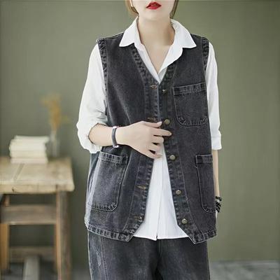 Vest Denim Women Summer Cotton Vest Oversize Solid Color Plus Size Casual Sleeveless Coat Buttons Vest