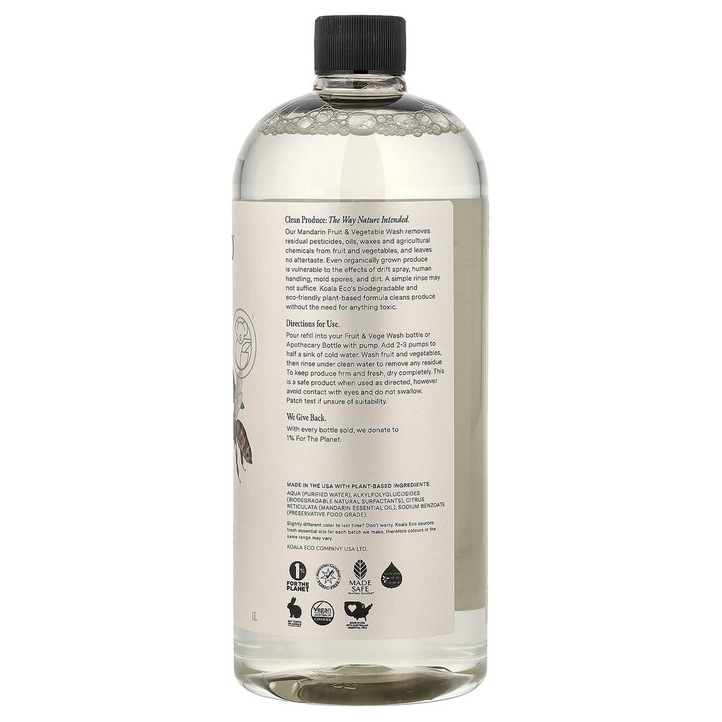 Koala Eco, Natural Fruit and Vegetable Wash, Refill, Australian Mandarin Essential Oil, 1 L (33.8 Fl Oz)