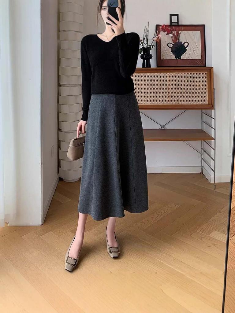 Woolen High-Waisted A-Line Eight-Panel Midi Skirt for Women - Elegant and Versatile for Autumn/Winter