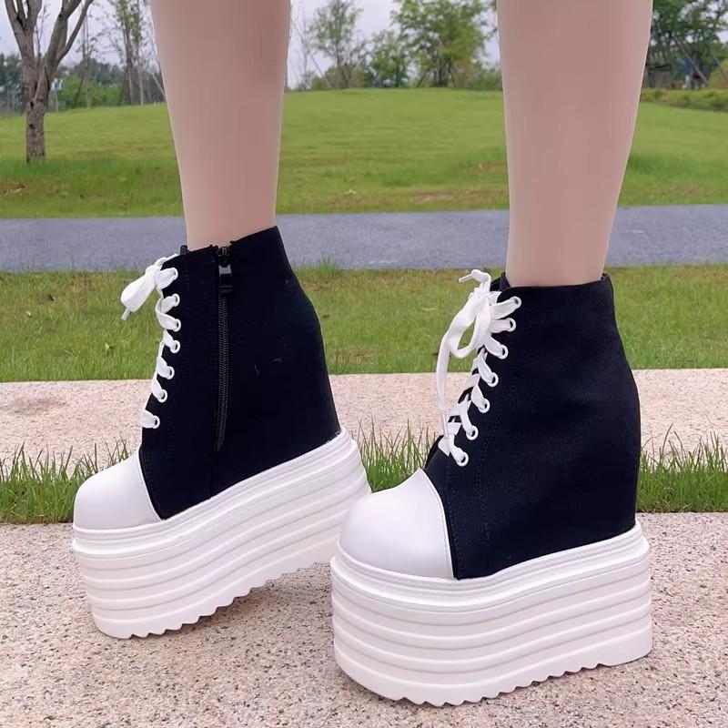 Modne nowe buty na koturnie z grubą podeszwą 14CM damskie wersja koreańska wszechstronne buty na wysokim obcasie podwyższone codzienne buty płócienne