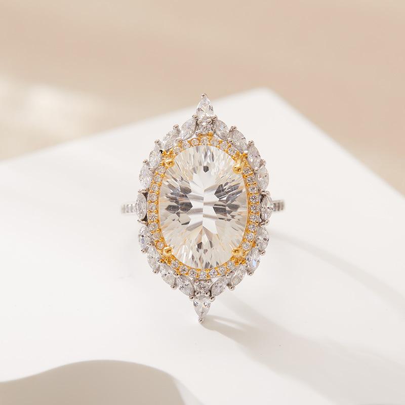 S925 Sterling Silver Plated 18K Gold Natural Color Treasure Large Carat Ring Light Luxury Premium Index Finger Ring Energy Jewelry