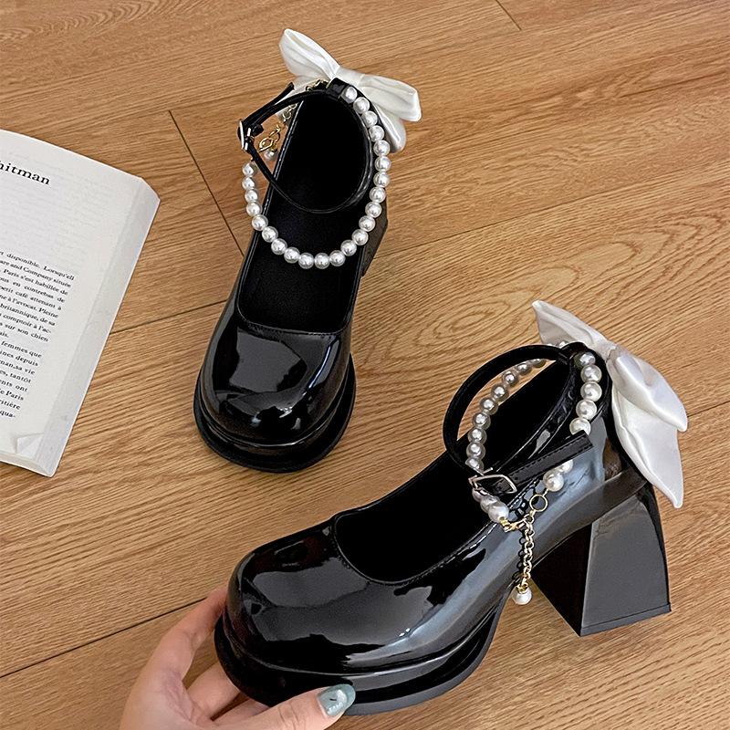 

White super beautiful bow platform thick heel high heels women s 2025 new spring and autumn skirt Mary Jane small leather shoes 35 чорний