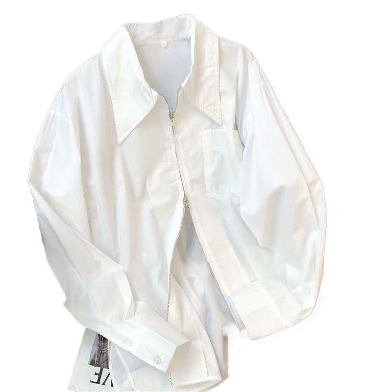 Women's White Zipper Shirt with Large Collar - Versatile for Layering, Unique Design