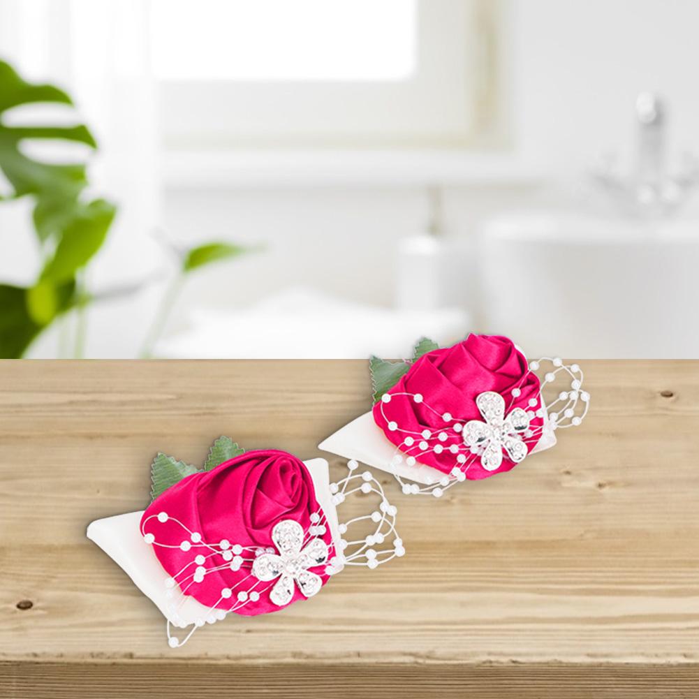 2pcs Hand Flower Bridesmaid Wrist Corsage Wedding Decorations Diamond Rose(Rose Red)